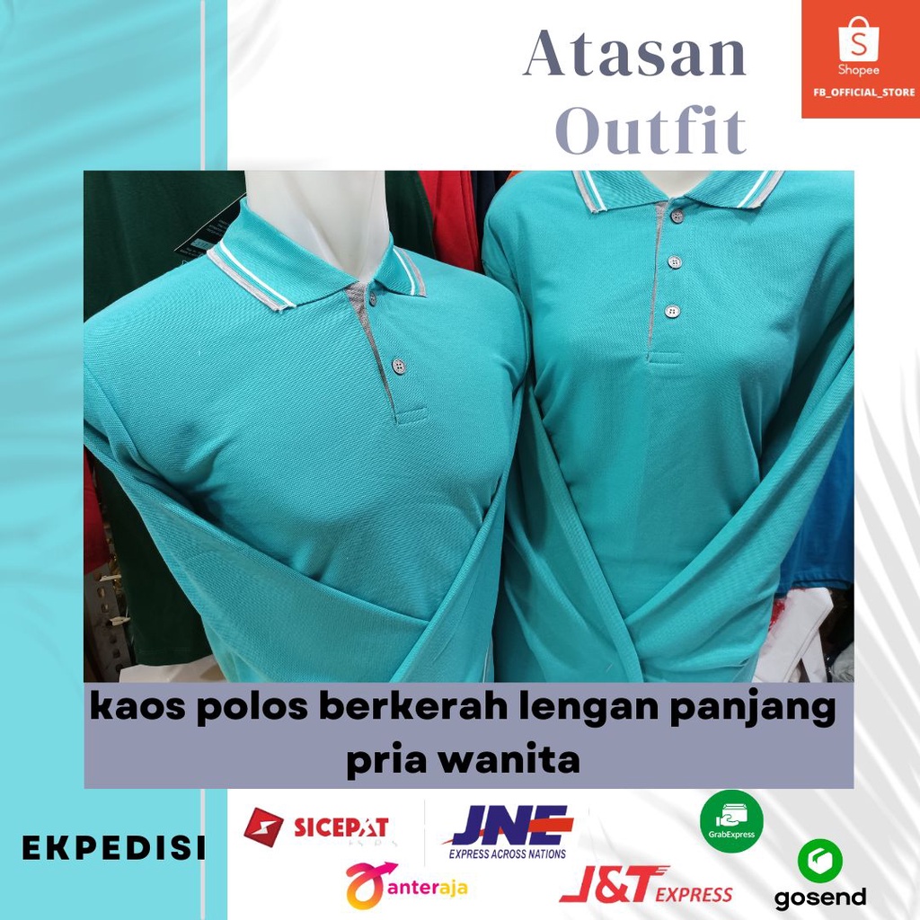 Jual Baju Kaos Polos Kerah Lengan Panjang Pria Wanita Warna Hijau Tosca