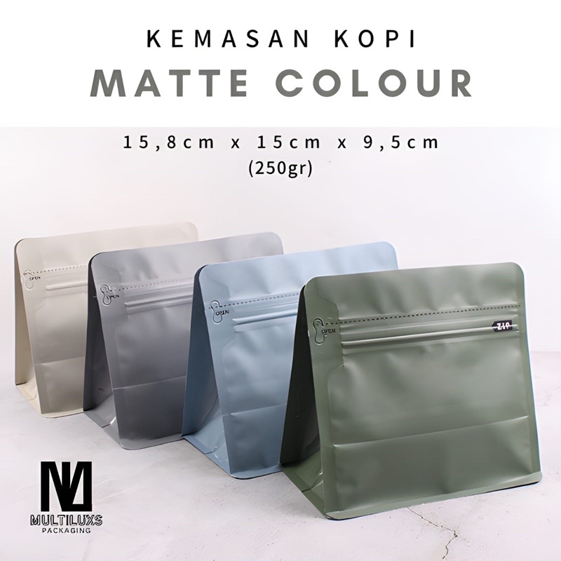 Jual Standing Pouch Kemasan Kopi Flat Bottom Matte Pocket Zipper