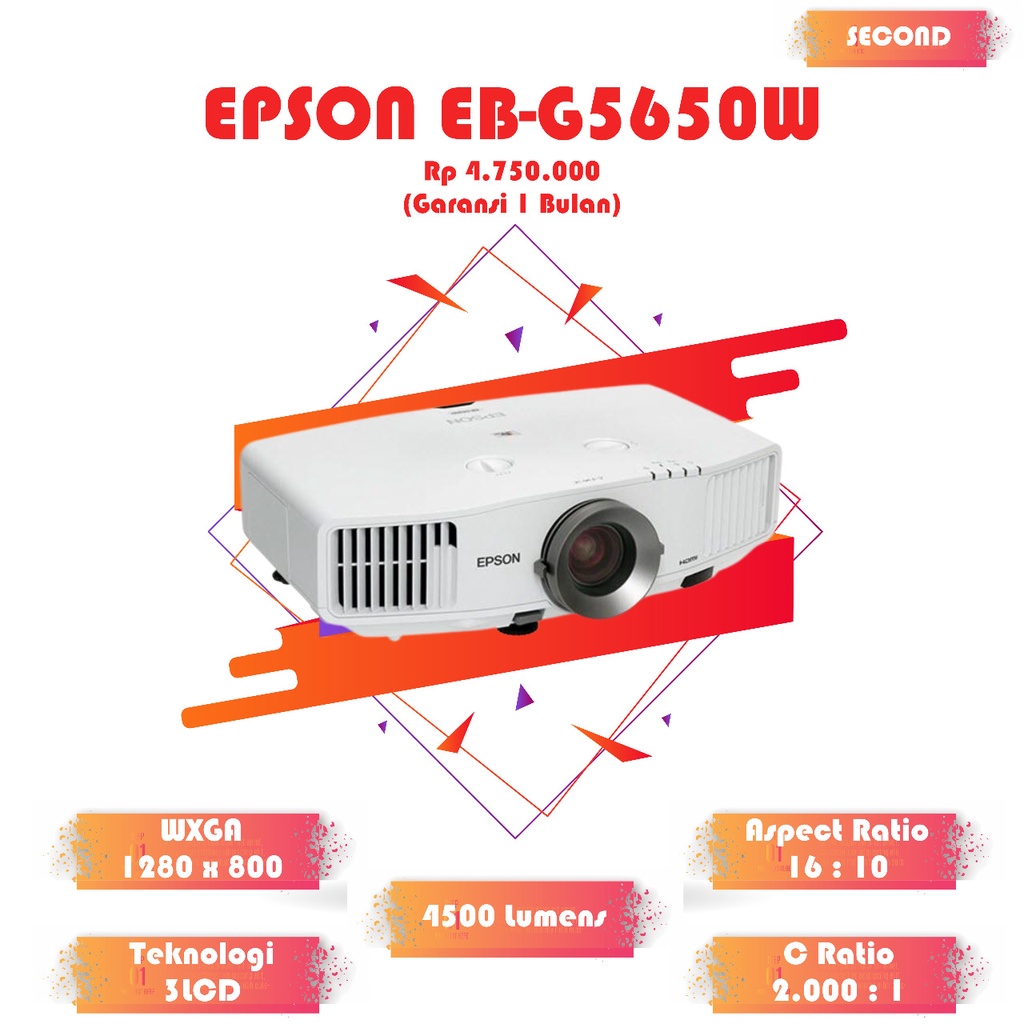 Jual Proyektor EPSON EB G5650W 4500 Lumens WXGA Wide Screen 4 Jutaan