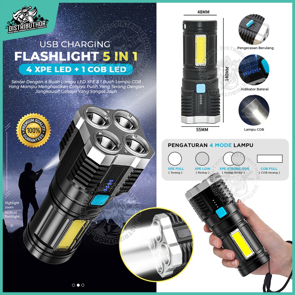 Jual Senter Led Cob Flashlight Portable Emergency Lamp Charger