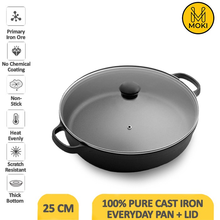 Jual Moki Pure Cast Iron Everyday Pan With Glass Lid Fry Pan