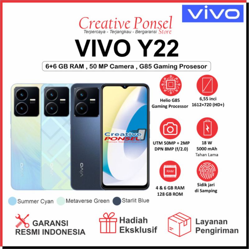 Jual VIVO Y22 RAM 4 GB 6 GB 128 GB 50 MP CAMERA Helio G85 Gaming