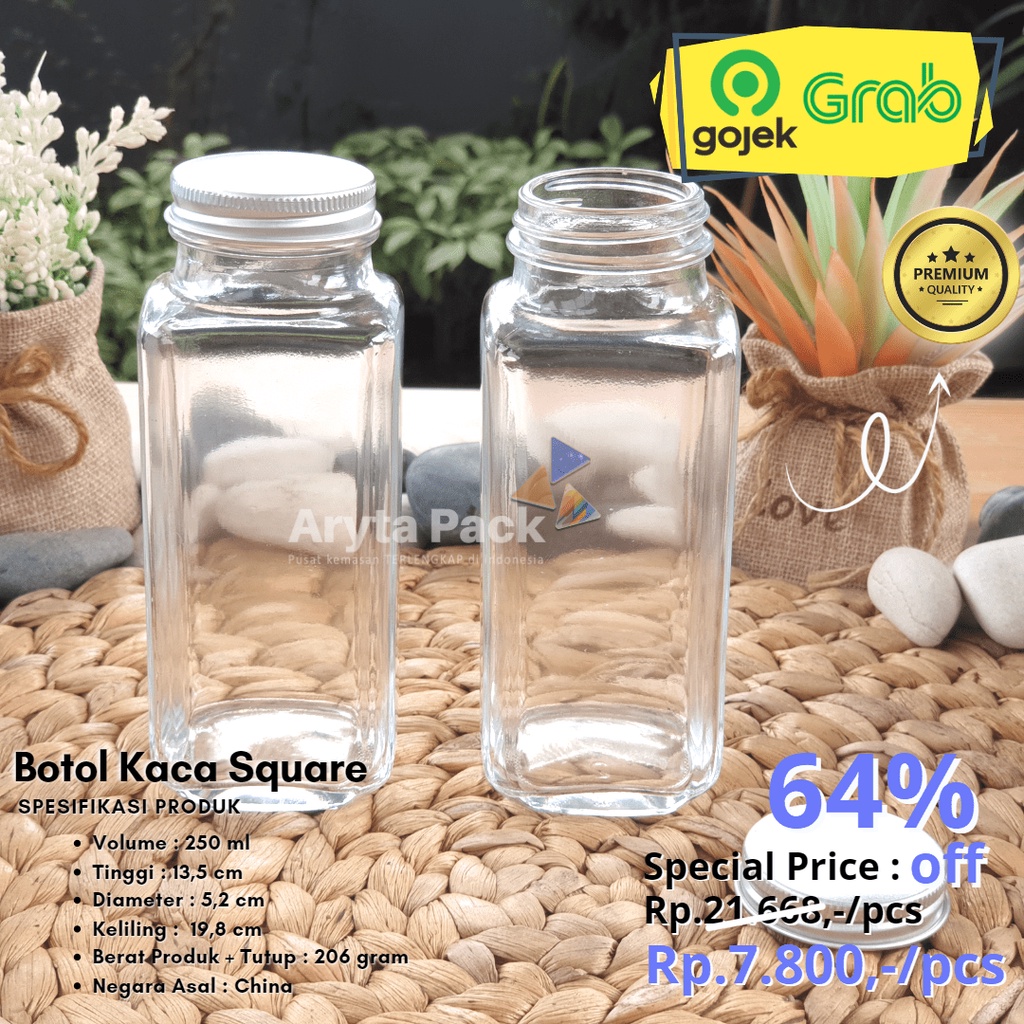 Jual Botol Kaca Bening Ml Square Kotak Minuman Jus Susu Kopi Tutup