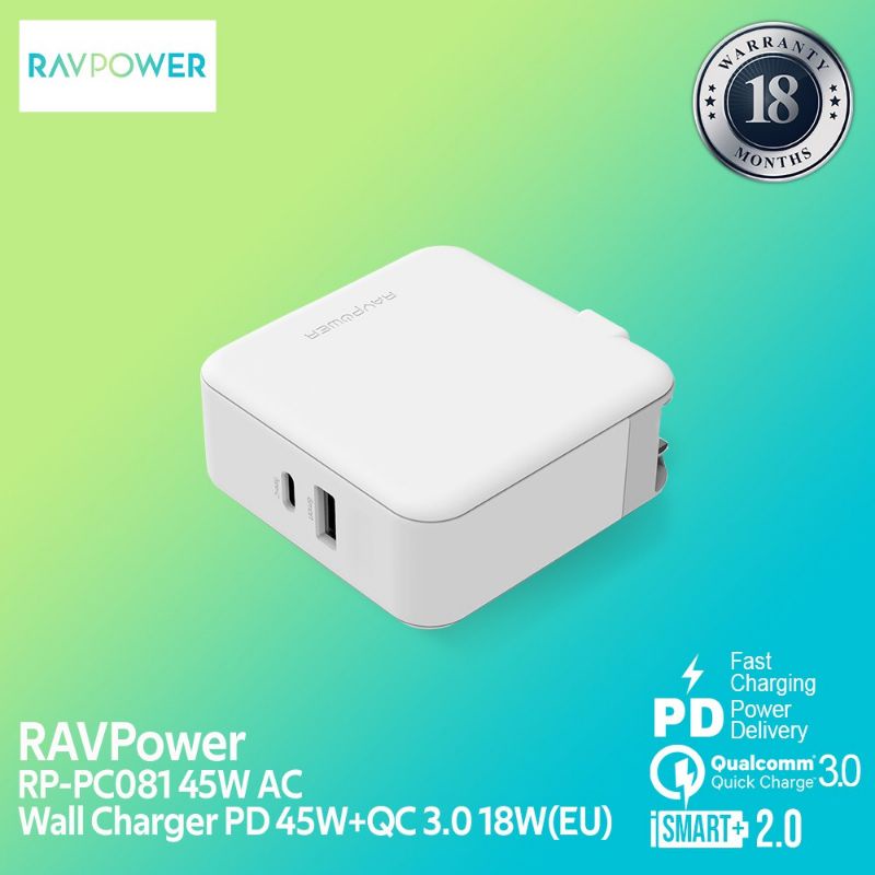 Jual Charger RAVPower RP PC081 45W AC Wall Charger PD 45W QC 3 0 18W