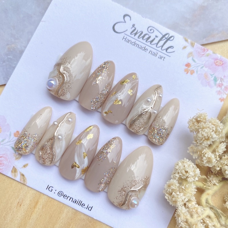 Jual Prees On Nails Nude Champagne Handmade Nail Art Custom Fake