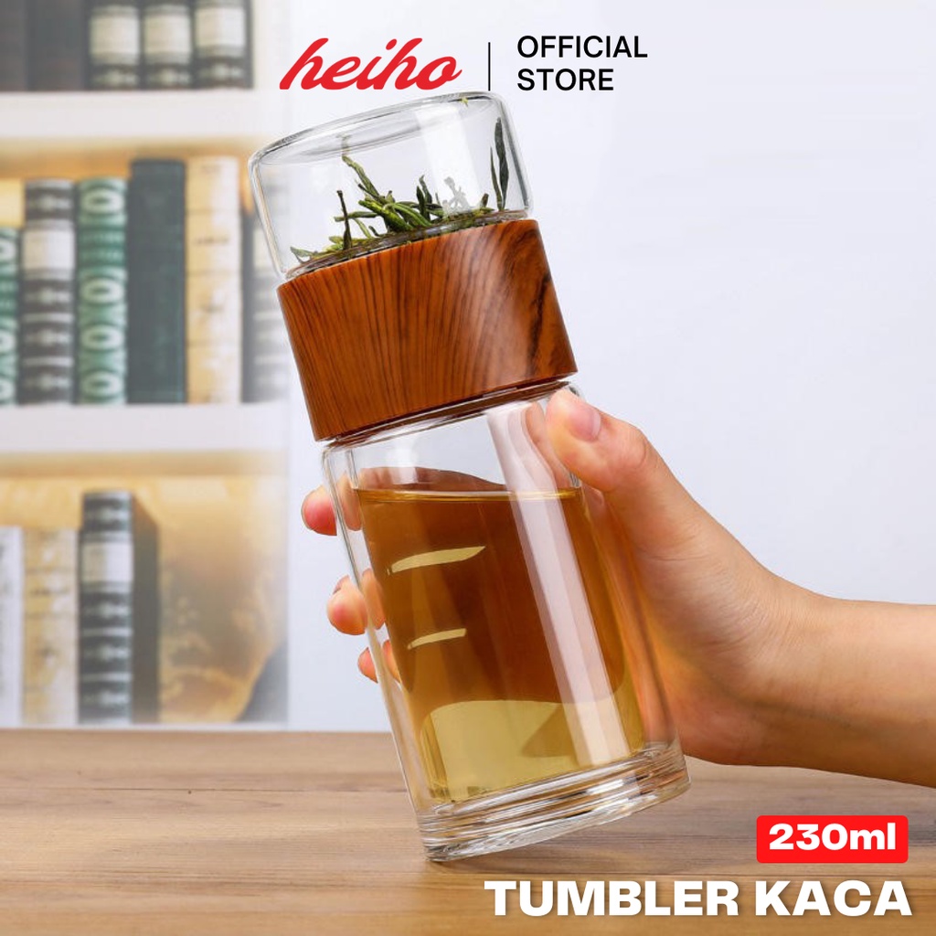 Jual Botol Minum Penyaring Teh Double Wall 230ml Dengan Wooden Handle