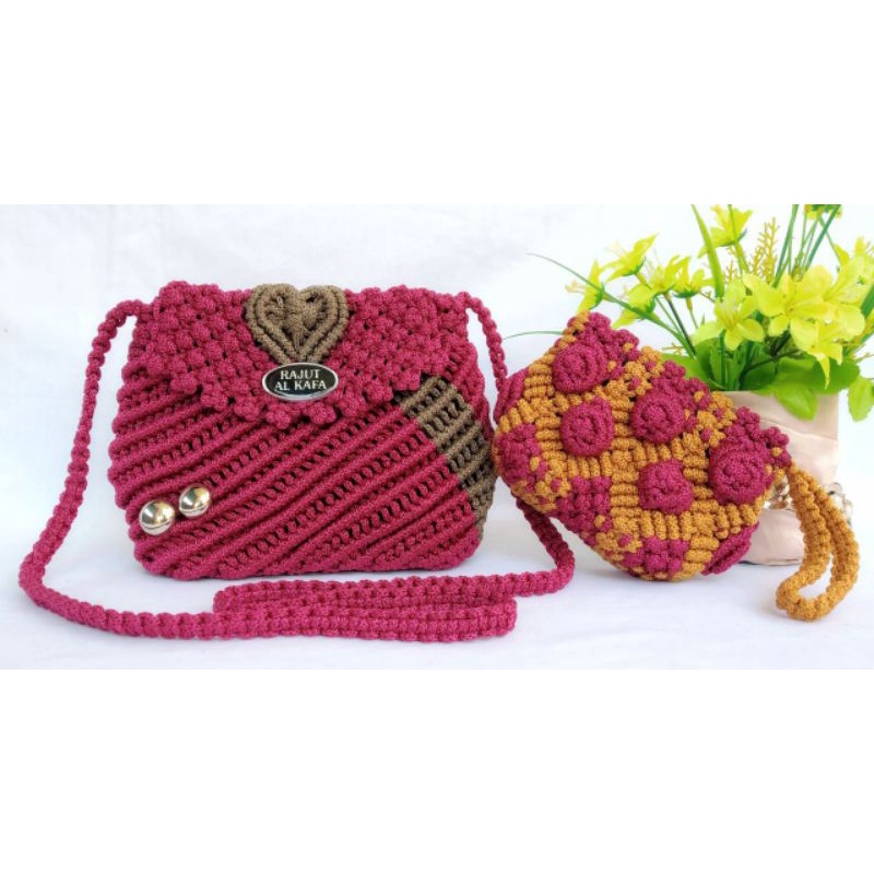 Jual Tas Rajut Motif Mawar Tutup Tas Macrame Handmade Model Selempang