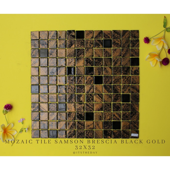 Jual Mosaic Tile Mozaik Kaca Samson Brescia Black Gold Rare X Cm