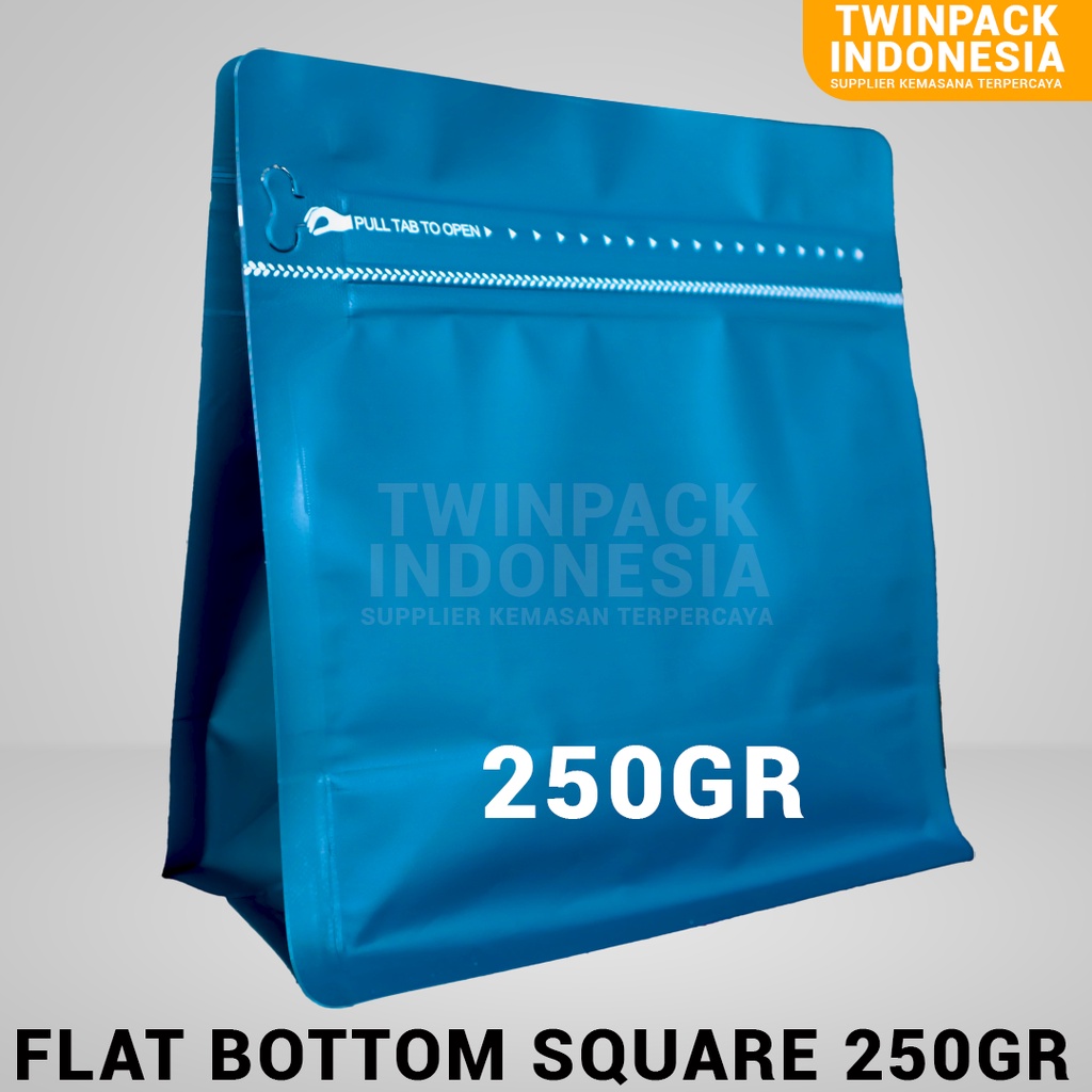 Jual Kemasan Kopi Flat Bottom Square Biru Emerald 250gr Ziplock Valve