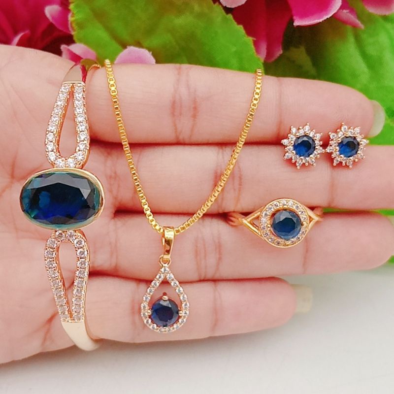 Jual Set Perhiasan Wanita Permata Giok Warna Biru Lapis Emas Impor Awet