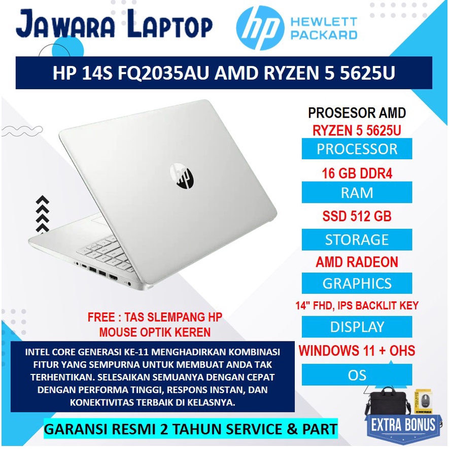 Jual HP 14S FQ2035AU AMD RYZEN 5 5625U FHD IPS BACKLIT KEYBOARD WINDOWS