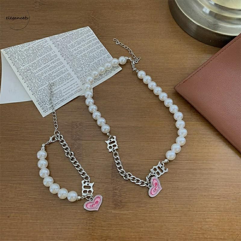 Jual Gaya Eropa Mutiara Love Pink Kuba Kalung Hip Hop Logam Rantai