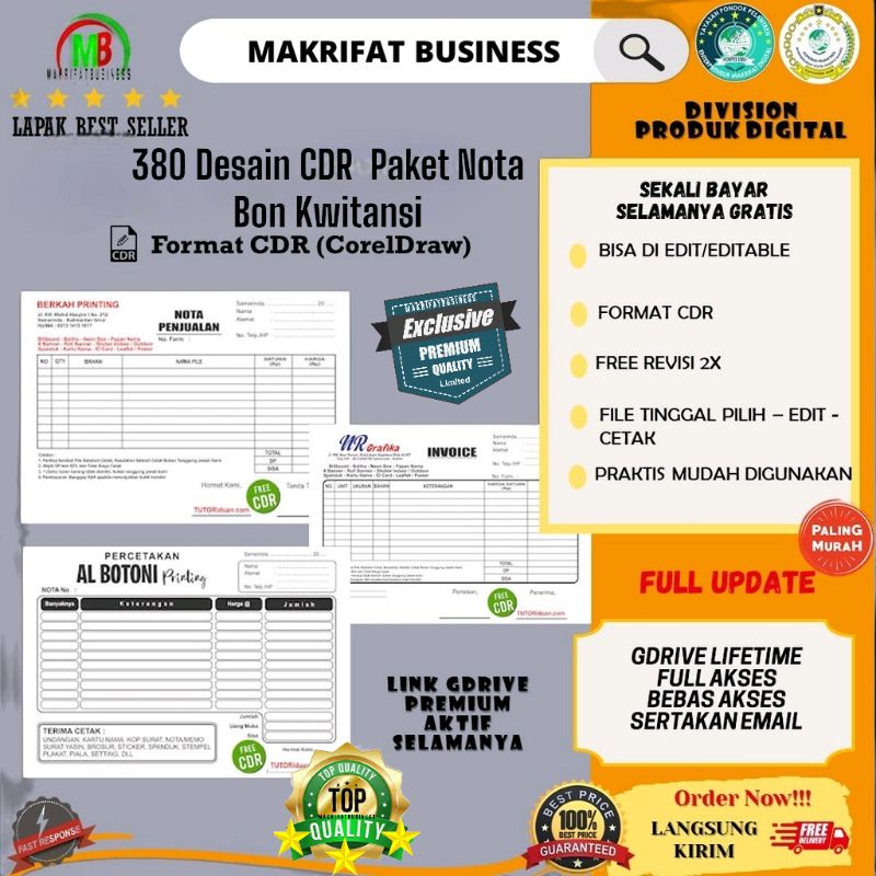 Jual 380 DESAIN CDR PAKET NOTA BON PENJUALAN KWITANSI CUSTOM BISA EDIT