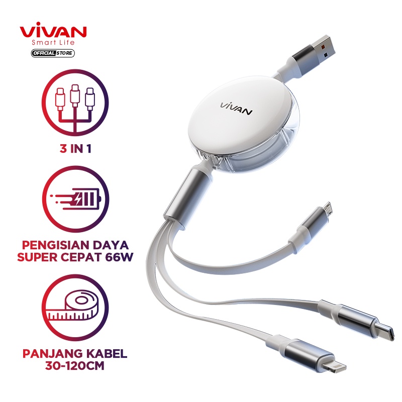 Jual VIVAN Kabel Data 3 In 1 Fast Charging 6A 66W Micro USB Lightning