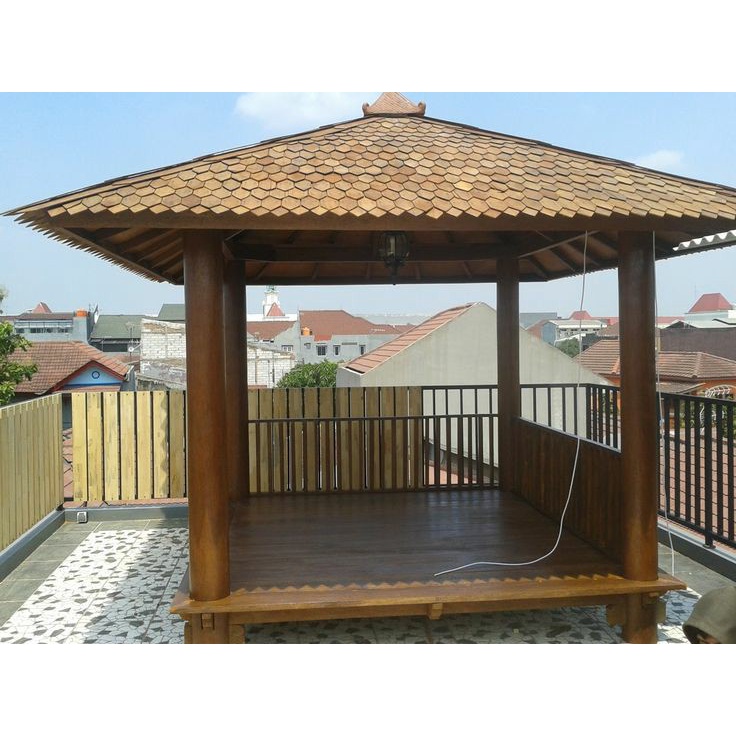 Jual Gazebo Kayu Kelapa Atap Sirap Model Sandaran Jari Jari Lurus