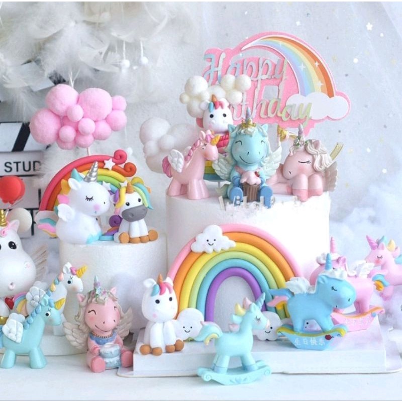 Jual Hiasan Kue Ulang Tahun Unicorn Set Topper Figure Cake Happy