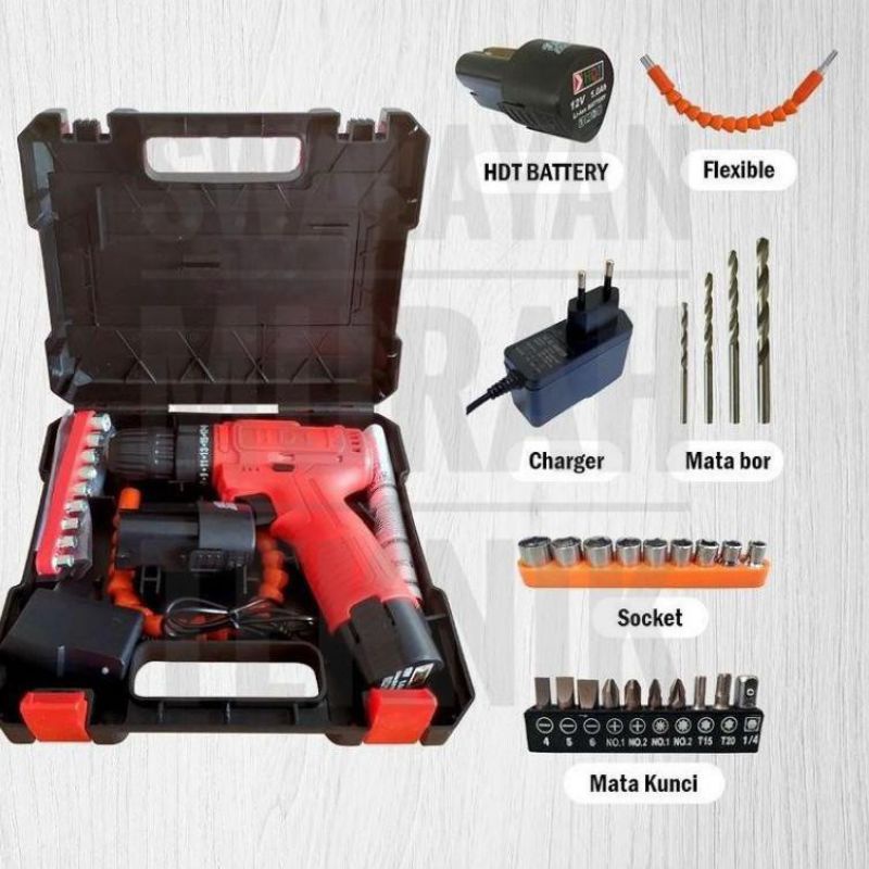 Bor baterai cordless 12v HDT CDD405 full set 2 baterai mata bor lengkap CDD