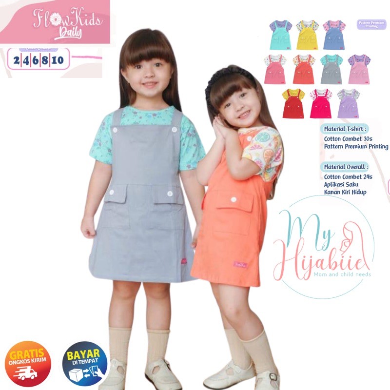 Flowkids Set Overall Anak Perempuan - Setelan Dress Dres Pendek Harian OverAll Usia 2 4 6 8 10 Tahun