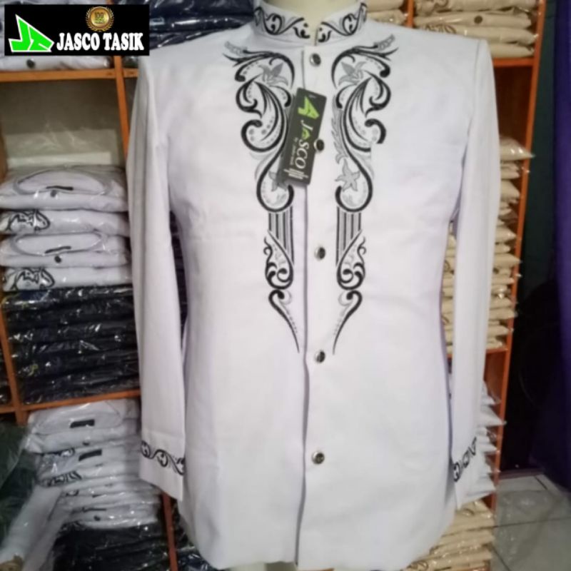 Jasko Putih motif J18 bordir tebal Putih hitam Abu nevy  Baju koko pria dewasa Atasan lengan panjang