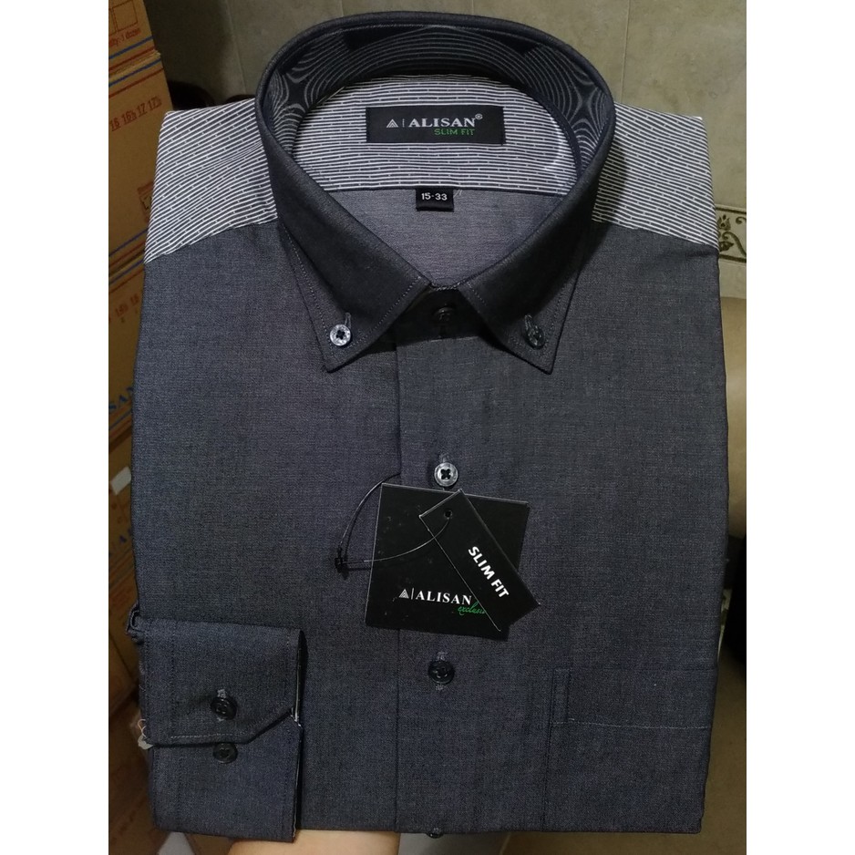 Alisan Kemeja Pria Panjang Slimfit Abu Tua Strong Pundak Salur