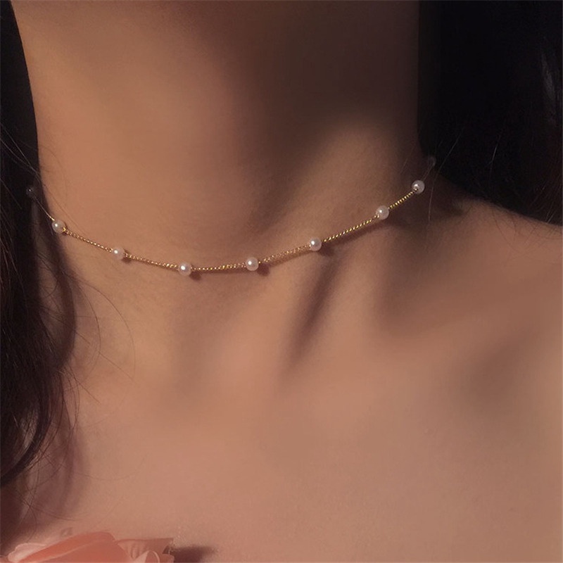 Kalung Choker Rantai Manik-Manik Mutiara Warna Emas Gaya Gotik Untuk Wanita