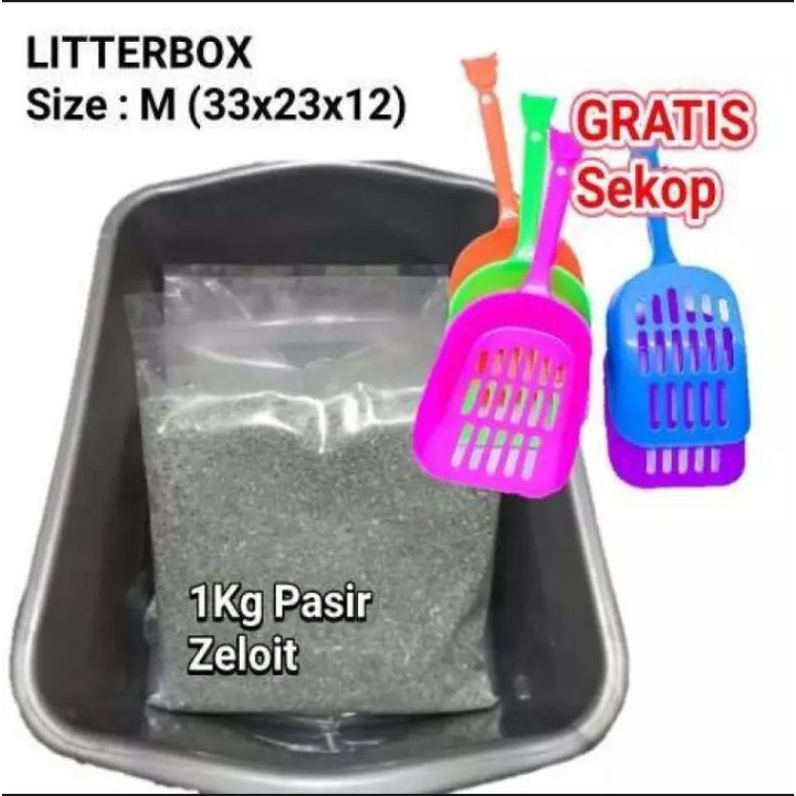 PAKET HEMAT MURAH Litterbox Uk M &amp; 1Kg Pasir + GRATIS sekop Bak Kucing pup 1 Set