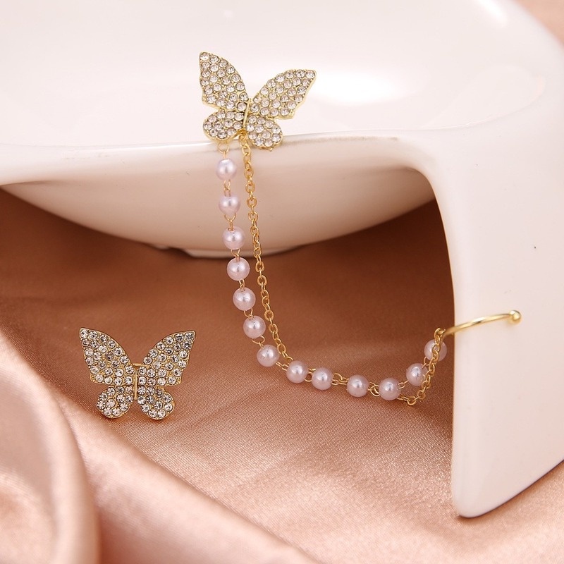 New style Korean asymmetrical pearl tassel butterfly earrings ear bone clip