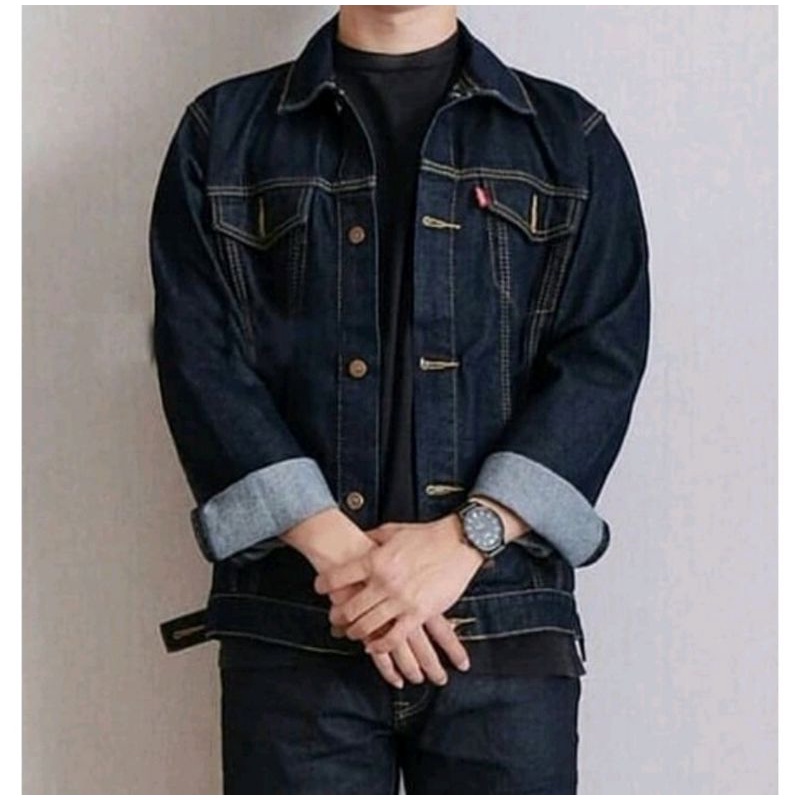 Jaket Jeans Tebal Pria Blue Black  M~XXXL.Jacket Denim Laki Laki Biru Dongker Bandung Project.ID