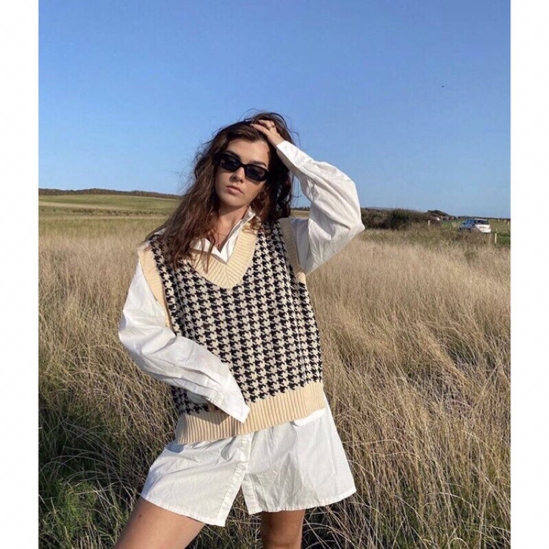 raven vest - oversized vest rompi rajut wanita tanpa lengan v-neck retro vintage houndstooth
