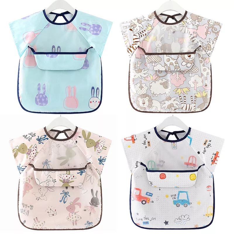 New Celemek Makan Anak Bayi Lengan Pendek Anti Air Bibs Bayi