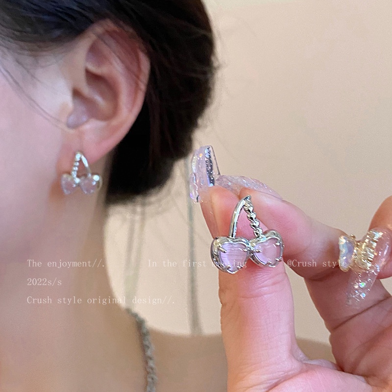 Anting Tusuk Motif Buah Ceri Pink Simple Untuk Wanita