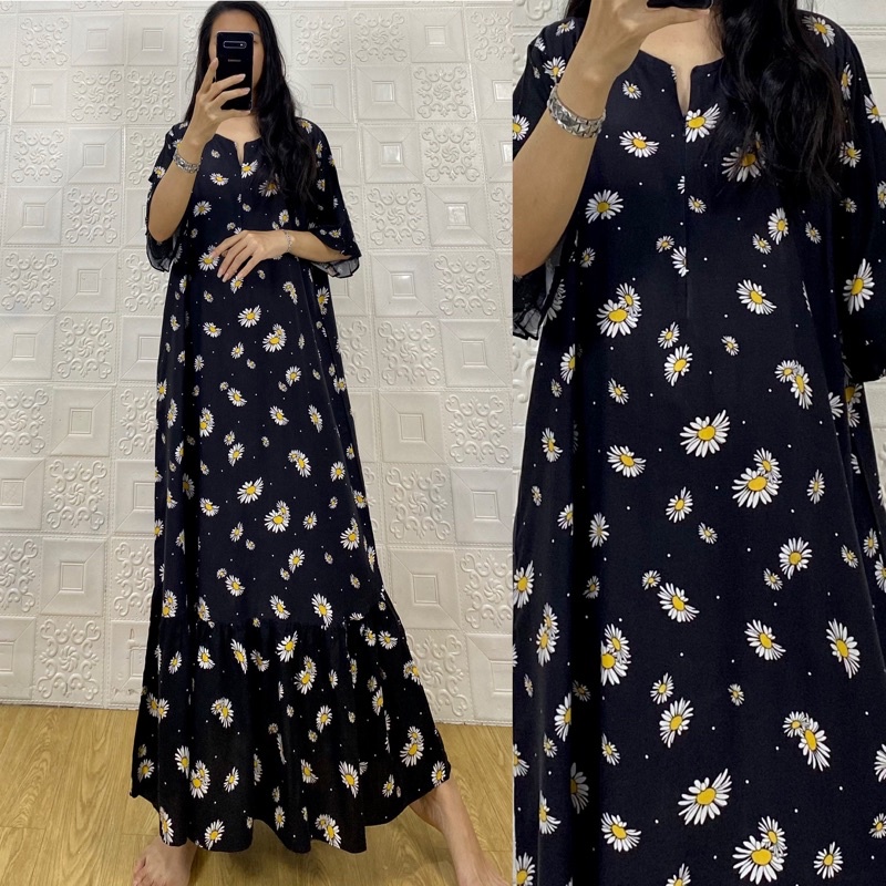 daster MONA tangan 3/4 PB 130cm /daster panjang rempel tangan 3/4  JUMBO premium sleting /busui/rempel tangan 3/4/ tangan pendek/ tali grosir ecer SEMATA KAKI RAYON-Mona flower Sun.hitm