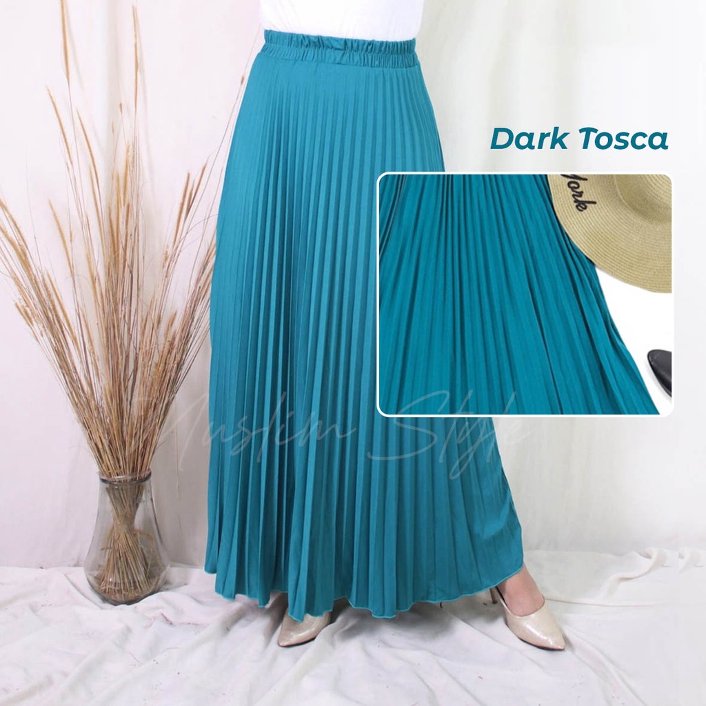 ROK PLISKET PLEAT SKIRT PANJANG POLOS WANITA PREMIUM MUSLIM STYLE BIRU DARK TOSCA TOSKA