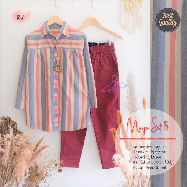 Setelan kemeja salur wanita kekinian jumbo Maga Set 15 By Anty hijab fashion solo