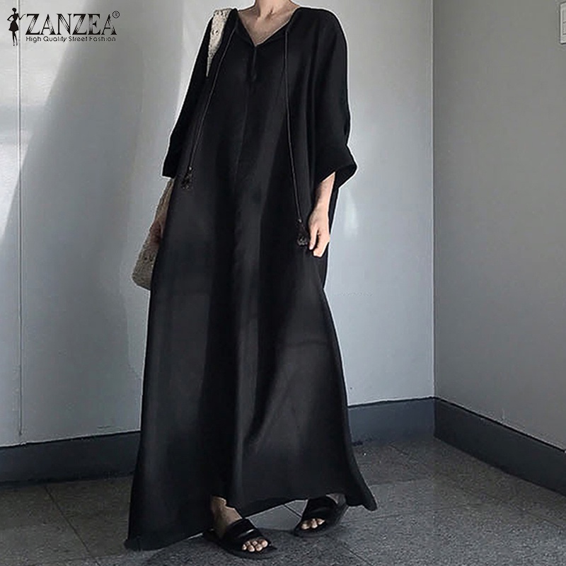 ZANZEA Women Dress Autumn Black Maxi Long Sundress Robe Vintage V neck  Sleeve Cotton Linen Vestido