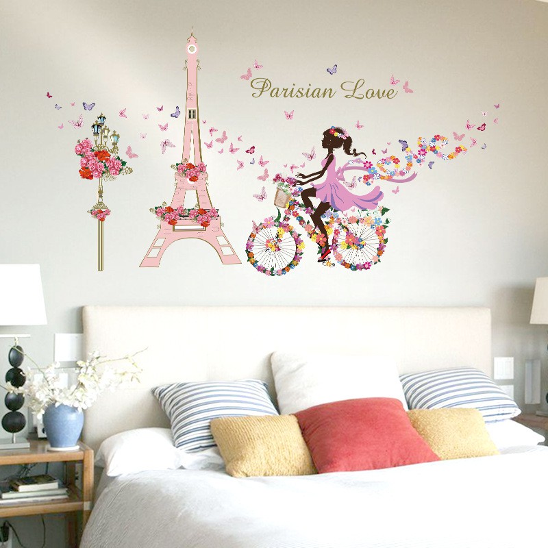 RELIZA Wall Sticker / Stiker Dinding 60X90 FLOWERS GIRL PARIS Eiffel TOWER PINK SK9006