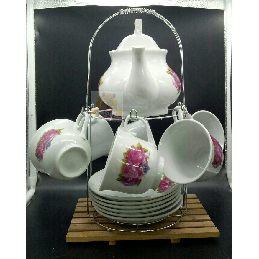 Teaset Bunga Lengkap Teko &amp; Cangkir &amp; Tatakan &amp; Rak Stainless