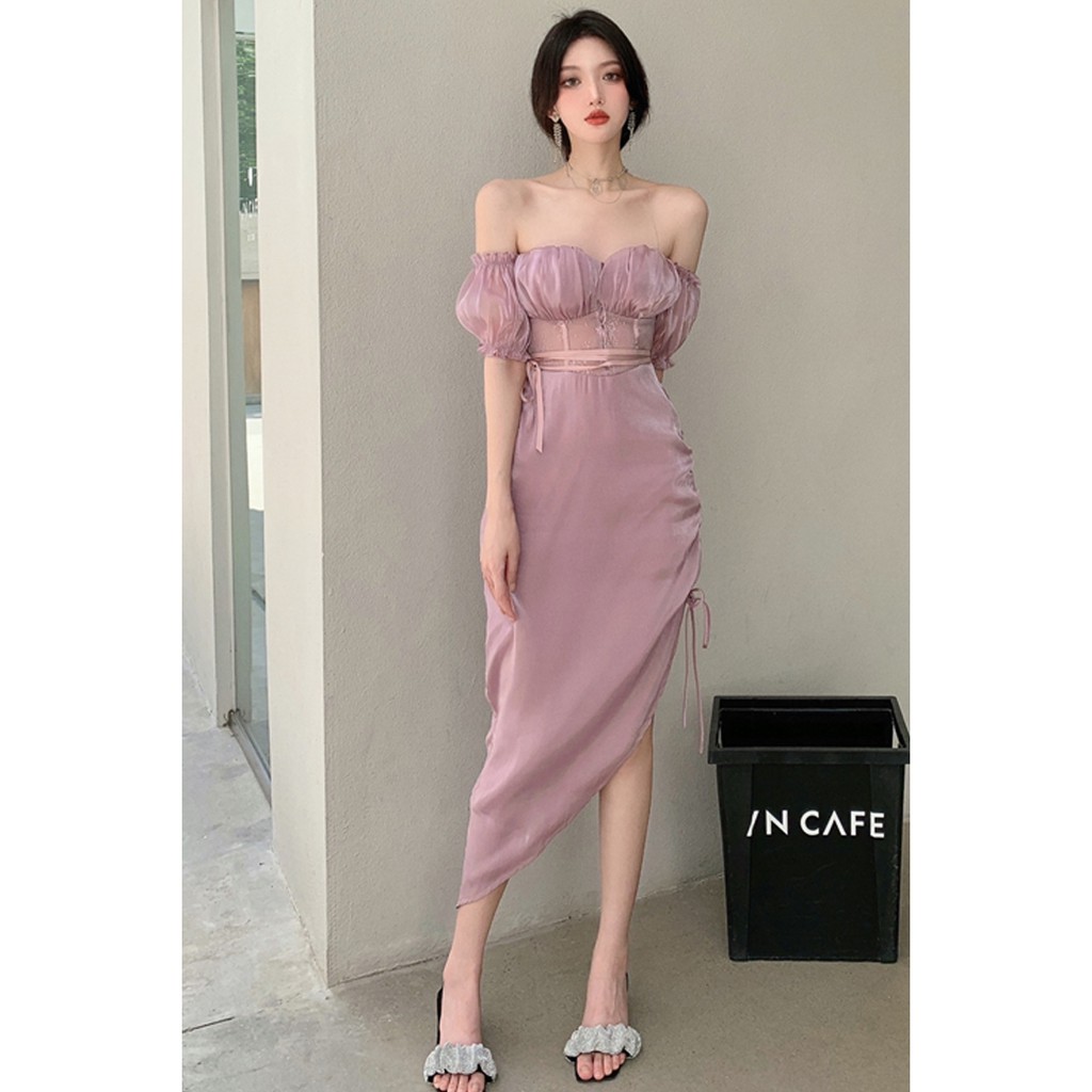 Suhao Gaun Musim Panas Desain Kematangan Cahaya Perancis Baru String Straight Shoulder Bubble Sleeve Gaya Chiffon Dress Wanita Listen