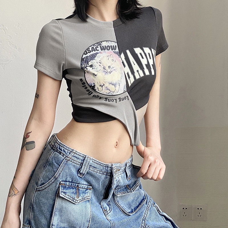 [✅BISA COD] #Sisjuly# Wanita Musim Panas Baru Wanita Warna Solid Slim Fit Cropped Navel Fashion Leher Bulat Ceta