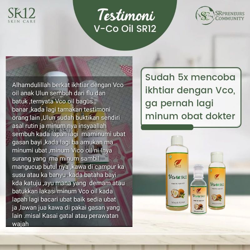 VCO Oil SR12 100% Minyak Kelapa Murni Tanpa Bahan Kimia - VICO Cold Press Suplemen Kesehatan dan Kecantikan Kulit