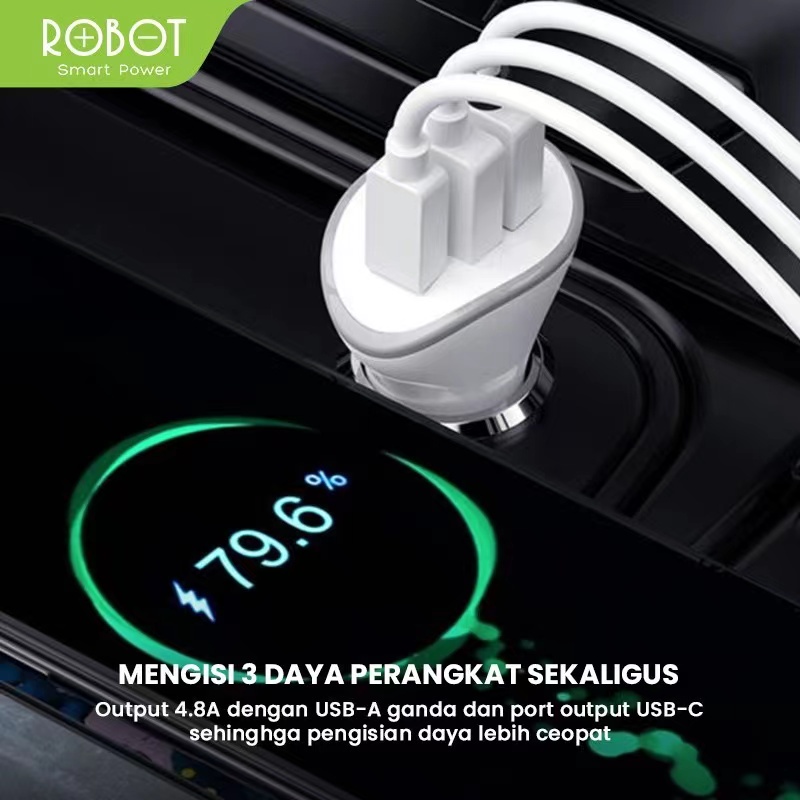 Charger Mobil ROBOT RT-C08 - 2 Port USB 1 Port TYPE C - Car Charger Free Kabel MICRO USB - Garansi Resmi 1 Tahun