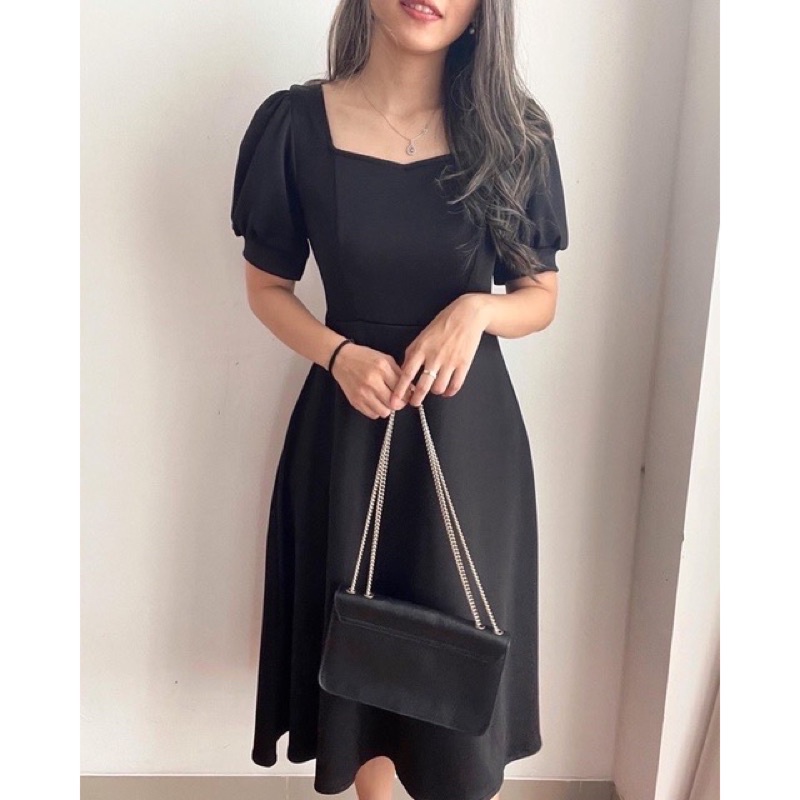 Lorei puffy scuba dress pesta korean midi black dress formal vintage