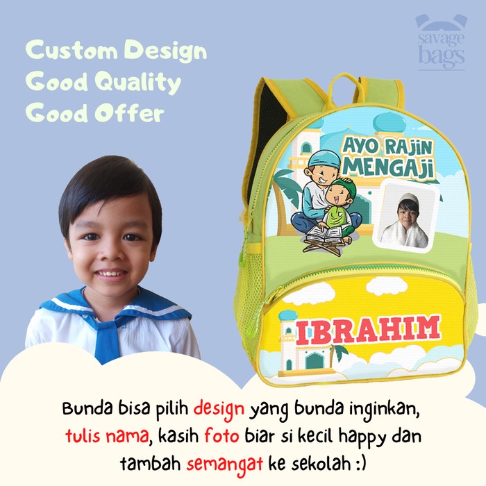 

Custom Tas Anak - Tas Anak PAUD / Tas Anak TK - Tema Ayo Rajin Mengaji - 1 HARI JADI