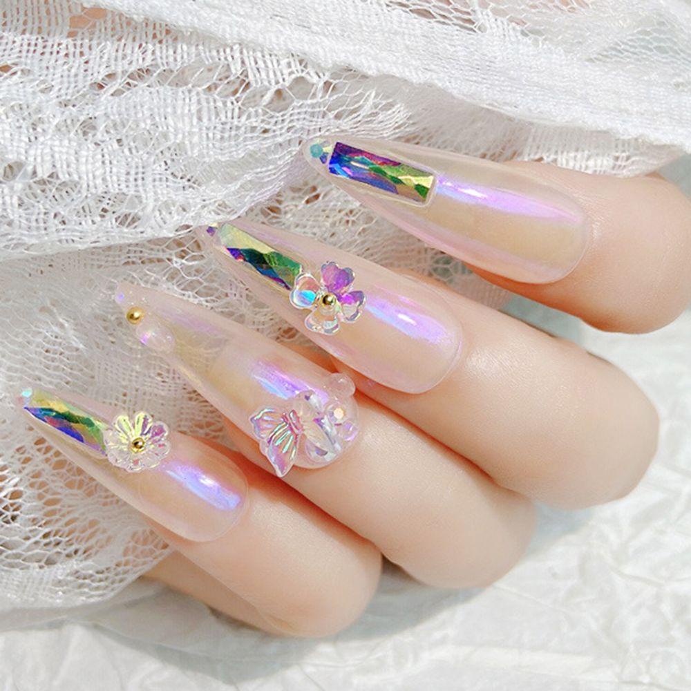 AUGUSTINA Agustin 3D Nail Art Dekorasi Set Aurora Warna-Warni DIY Kristal Manikur Aksesoris Mutiara Manik-Manik Bunga Pesona Kuku