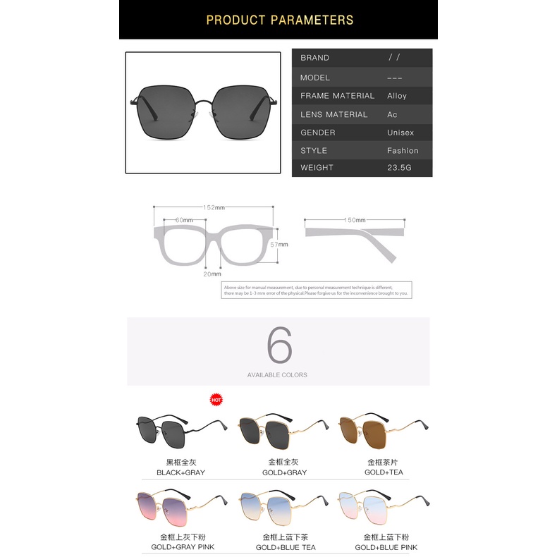 Korean Shade Kacamata Hitam Wanita Metal Square Frame UV400