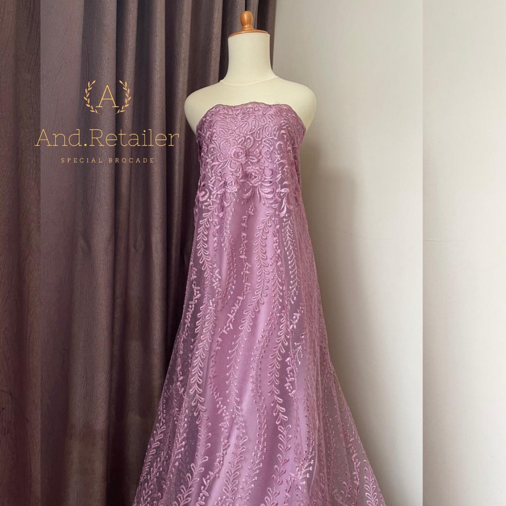 Kain Bahan Kebaya Brokat Tile Bordir Gloria Luxury Edition Warna Pinkish Lilac