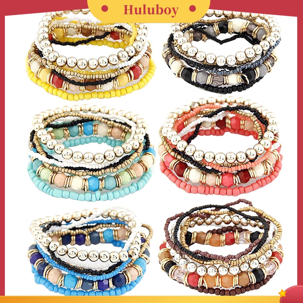 Hu Hu Hu Hu Hu Alat Bantu Pasang Kacamata♡ 7pcs / Set Gelang Manik-Manik Multilayer Elastis Gaya Bohemian Untuk Wanita