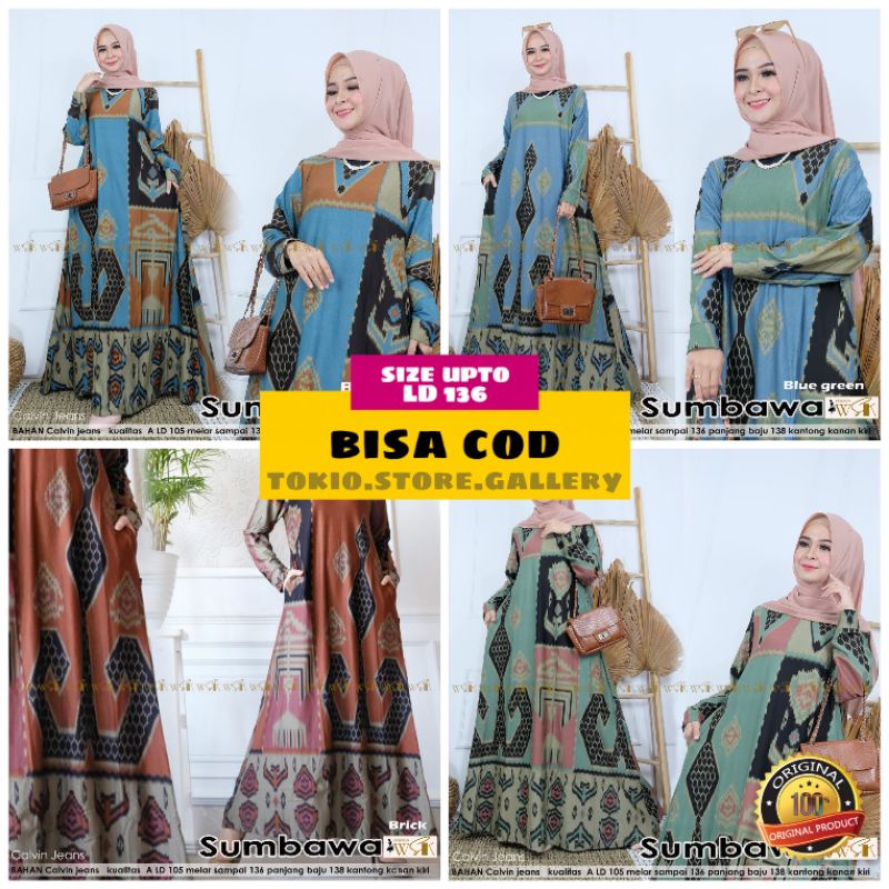 Sumbawa dress syari jumbo bahan calvin jeans HQ | gamis bahan stretch motif batik ori agr