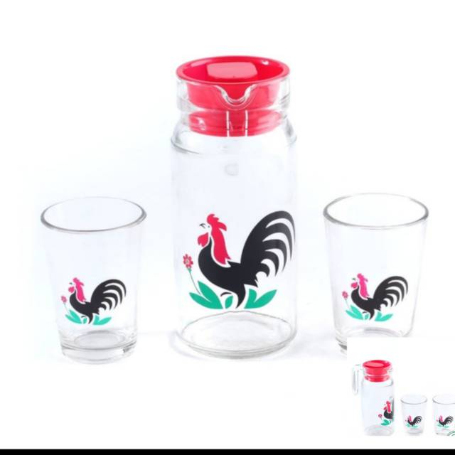 Teko Set Kimglass Kukuruyukk / Teko Set ayam jago  1 pcs pitcher dan 2 gelas  Kaca/Teko / Teko set
