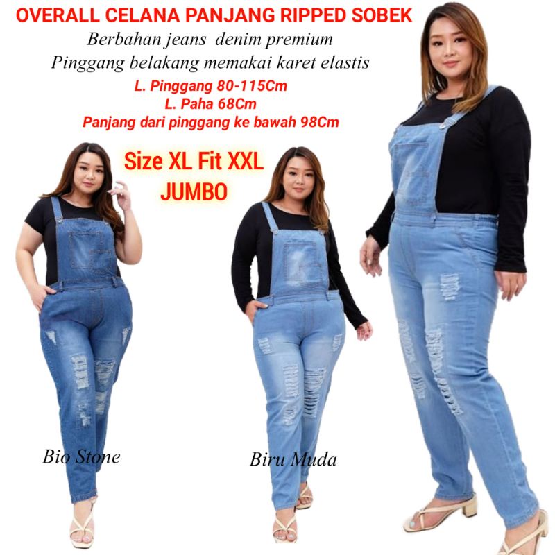 Overall Celana Kodok Wanita Dewasa Jeans Panjang Jumbo Ripped Sobek Kekinian Murah Baju Monyet Cewek